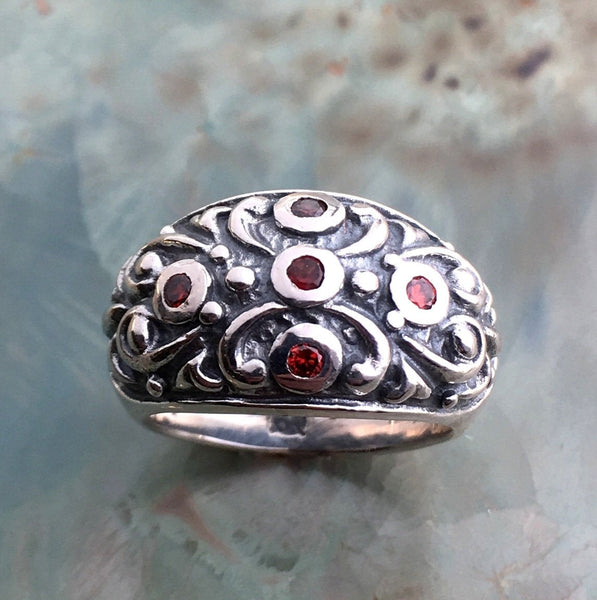 Garnets ring, gemstones ring, rustic ring, birthstones ring, Sterling Silver Ring, wide silver band, oxidised ring - All over me R2588