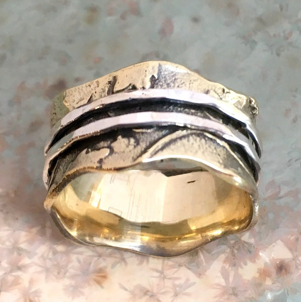 Wedding band, brass silver ring, silver gold ring, woodland ring, wavy ring, statement ring, Wide ring, unisex band - Our moment R2570