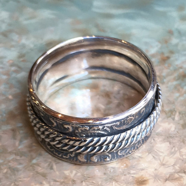 Silver band, gypsy ring, spinner ring, meditation ring, wedding band, unisex band, rope ring, boho chic jewelry - Our joy R2569