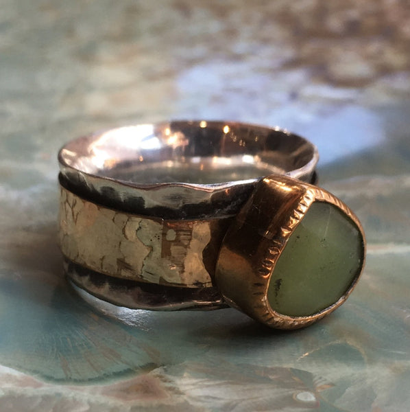 Green jade ring, spinner ring, Meditation Ring, silver gold band, wide silver ring, wedding engagement ring - Dance Into The Light - R2440