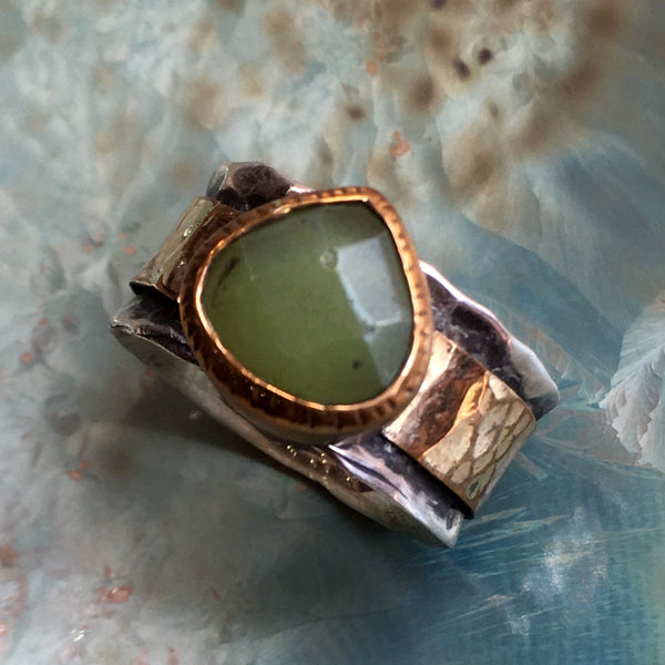 Green jade ring, spinner ring, Meditation Ring, silver gold band, wide silver ring, wedding engagement ring - Dance Into The Light - R2440