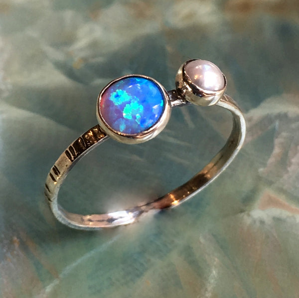 Opal pearl ring, birthstones ring, stacking ring, personalised ring, sterling silver ring, dainty ring, silver ring - Golden Shadows R2578