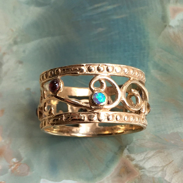 Solid yellow Gold wedding Band, gypsy ring, multistones band, boho birthstone ring, dainty ring, 14k gold ring - Shades of spring RG1267