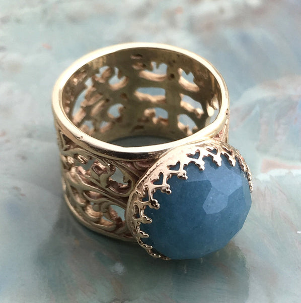 Gold aquamarine Ring, 14k solid gold crown ring, milky aquamarine ring, gemstone ring, cocktail ring, filigree ring - Jean blue RG2573