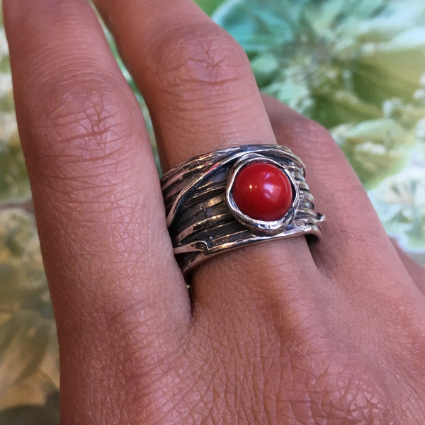 Red coral ring, Cocktail ring, sterling silver ring, stone ring, wire wrap ring, gemstone ring,  wide band - Imagine life in peace 4 R1505