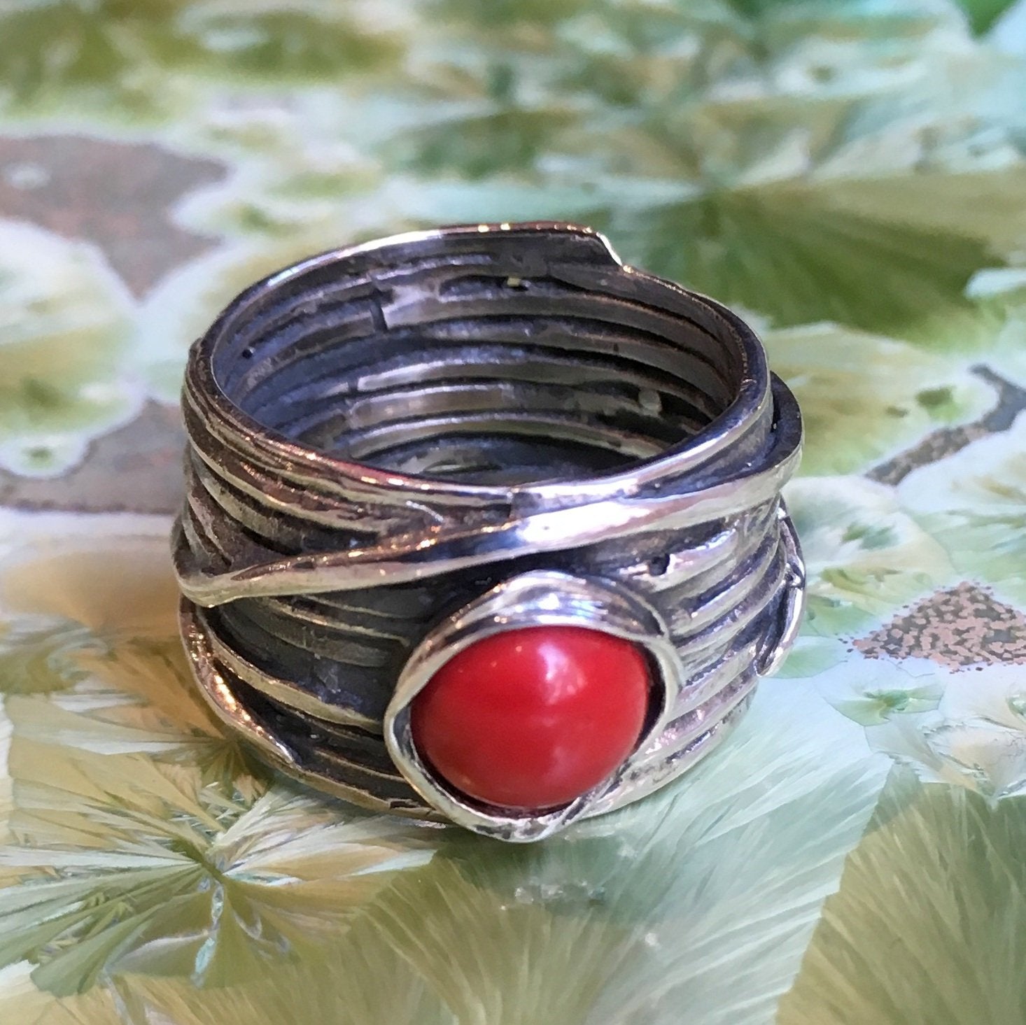 Red coral ring, Cocktail ring, sterling silver ring, stone ring, wire wrap ring, gemstone ring,  wide band - Imagine life in peace 4 R1505