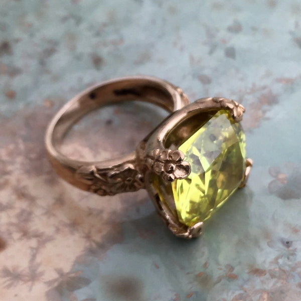 Lemon quartz ring, Gemstone ring, boho ring, Golden brass Ring, square engagement ring, statement botanical ring - Hello spring RK2272-8