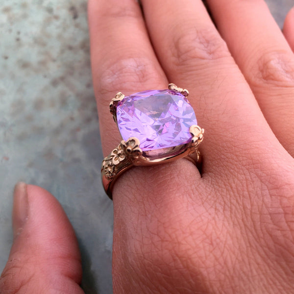 Lavender quartz ring, Gemstone ring, boho ring, Golden brass Ring, square engagement ring, statement botanical ring - Hello spring RK2272-9