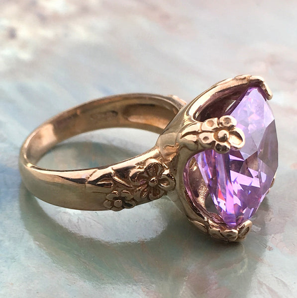 Lavender quartz ring, Gemstone ring, boho ring, Golden brass Ring, square engagement ring, statement botanical ring - Hello spring RK2272-9