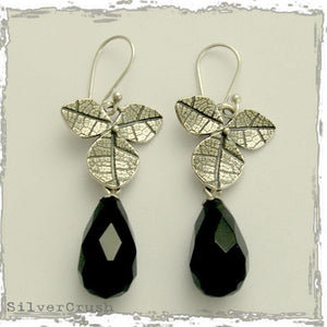 Black onyx Silver leaf earrings
