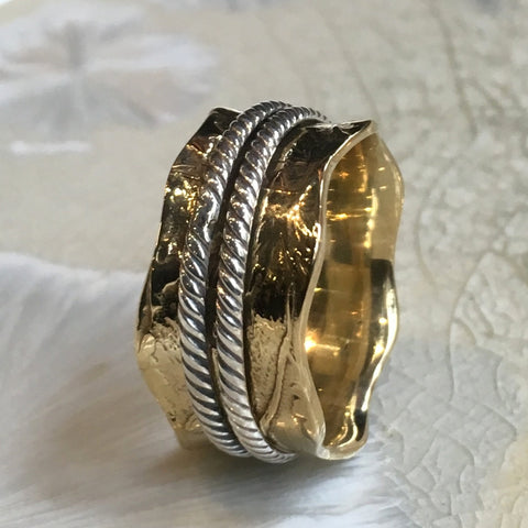 Wedding band, brass silver ring, silver gold ring, woodland ring, wavy ring, statement ring, Wide ring, unisex band - Special moment RK2583