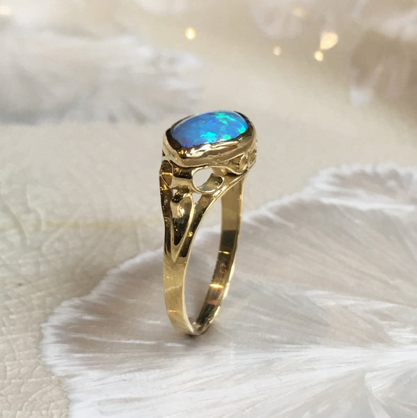 Opal Ring, Golden brass Ring, blue stone ring, victorian ring, antique style ring, ornate ring, dainty filigree ring - My obsession RK1215