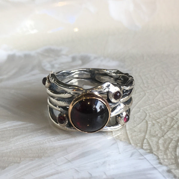 Sterling silver band, Garnets ring, engagement ring, organic band, wide silver band, two tones ring, multi stones ring - Diamond sky R2151