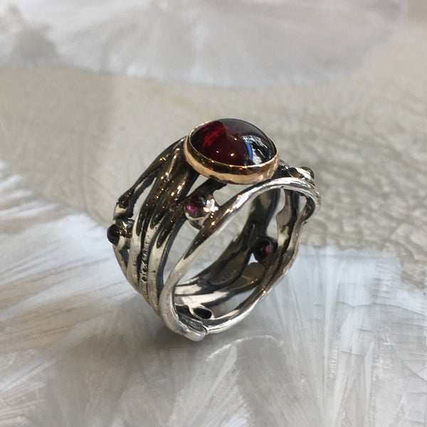 Sterling silver band, Garnets ring, engagement ring, organic band, wide silver band, two tones ring, multi stones ring - Diamond sky R2151