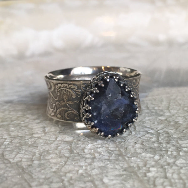 Iolite ring, filigree band, wide silver ring, blue stone ring, crown ring, statement ring, drop stone ring, everyday ring - My joy R2605