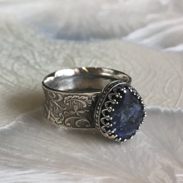 Iolite ring, filigree band, wide silver ring, blue stone ring, crown ring, statement ring, drop stone ring, everyday ring - My joy R2605