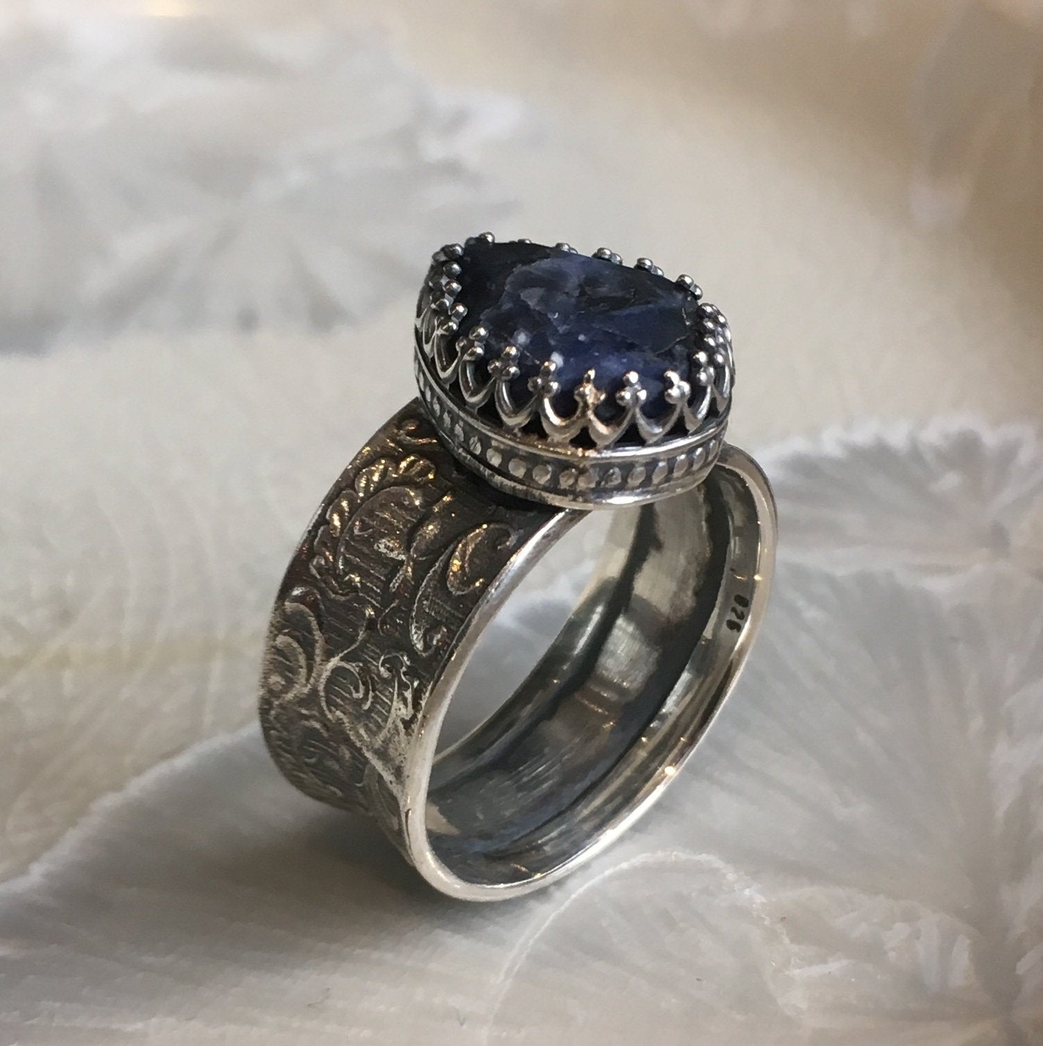 Iolite ring, filigree band, wide silver ring, blue stone ring, crown ring, statement ring, drop stone ring, everyday ring - My joy R2605