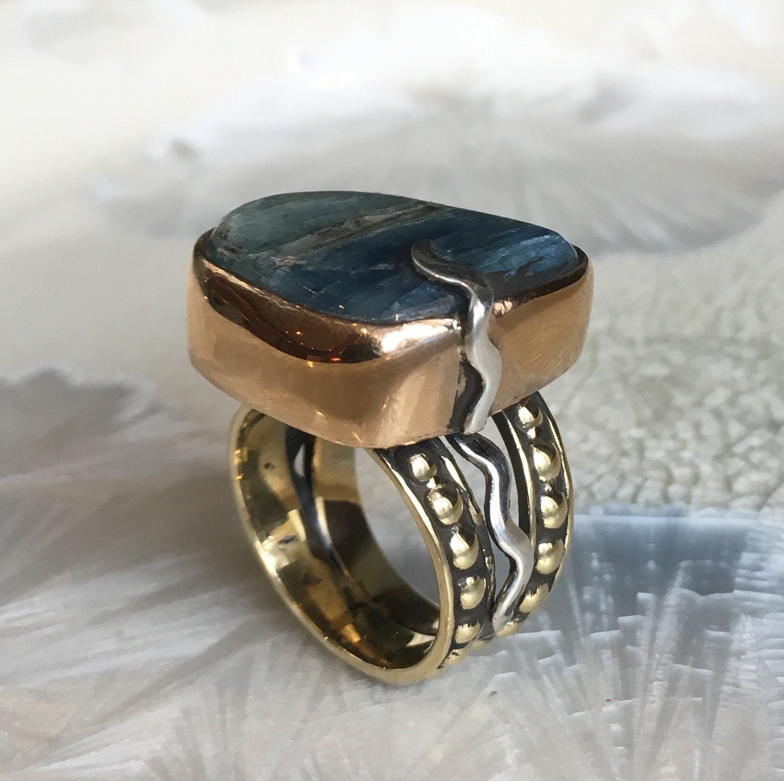 Kynite ring, Blue gemstone ring, Silver Gold ring, oxidised ring, raw kynite ring, statement ring, one of a kind ring - Quite Wind R2606