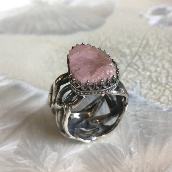 Raw tourmaline ring, Sterling silver crown ring, Pink Tourmaline ring, engagement ring, organic band, wide silver band - Pink moon R2607