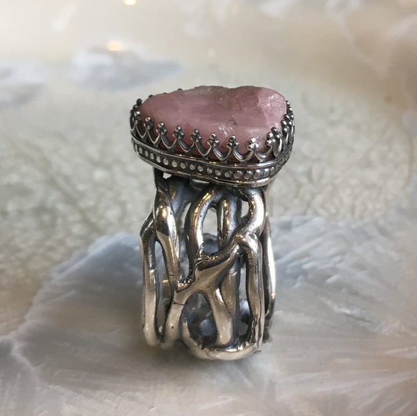 Raw tourmaline ring, Sterling silver crown ring, Pink Tourmaline ring, engagement ring, organic band, wide silver band - Pink moon R2607