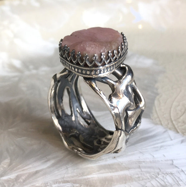 Raw tourmaline ring, Sterling silver crown ring, Pink Tourmaline ring, engagement ring, organic band, wide silver band - Pink moon R2607