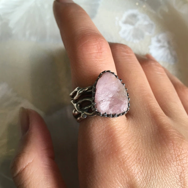 Raw tourmaline ring, Sterling silver crown ring, Pink Tourmaline ring, engagement ring, organic band, wide silver band - Pink moon R2607