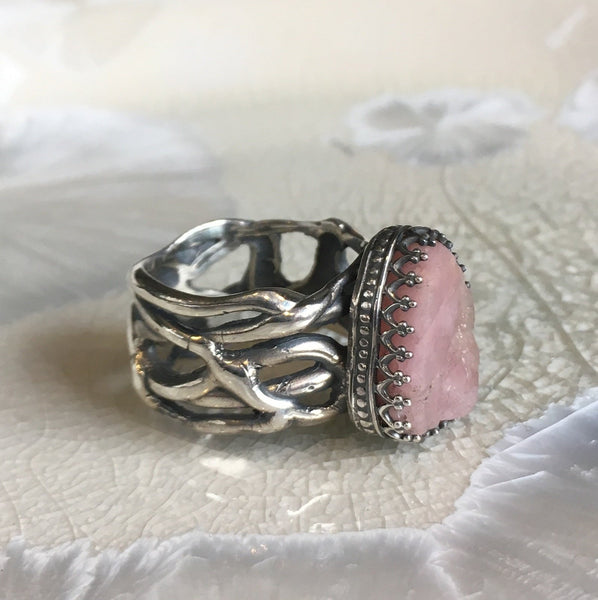 Raw tourmaline ring, Sterling silver crown ring, Pink Tourmaline ring, engagement ring, organic band, wide silver band - Pink moon R2607