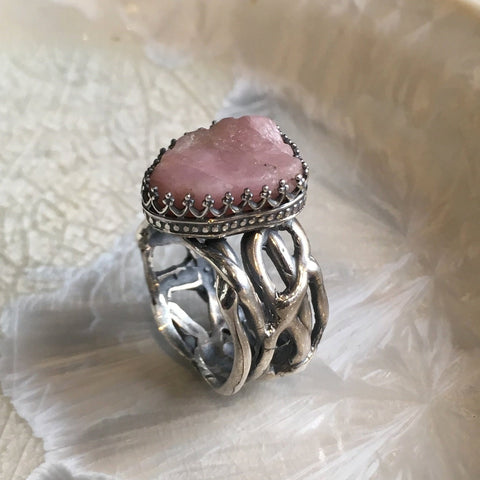 Raw tourmaline ring, Sterling silver crown ring, Pink Tourmaline ring, engagement ring, organic band, wide silver band - Pink moon R2607