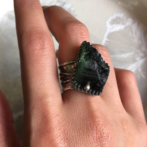 Raw forest green tourmaline ring, Sterling silver ring, crown ring, wide silver ring, statement ring, organic gemstone ring - Jungle R2608