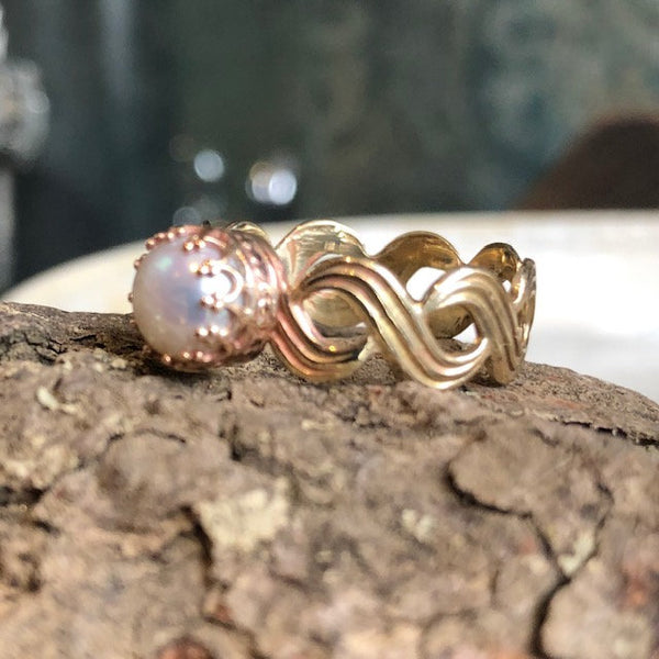 Pearl ring, Golden Brass ring, June birthstone ring, Crown ring, statement ring, goldfilled ring, braided engagement ring - Pure Love R2610
