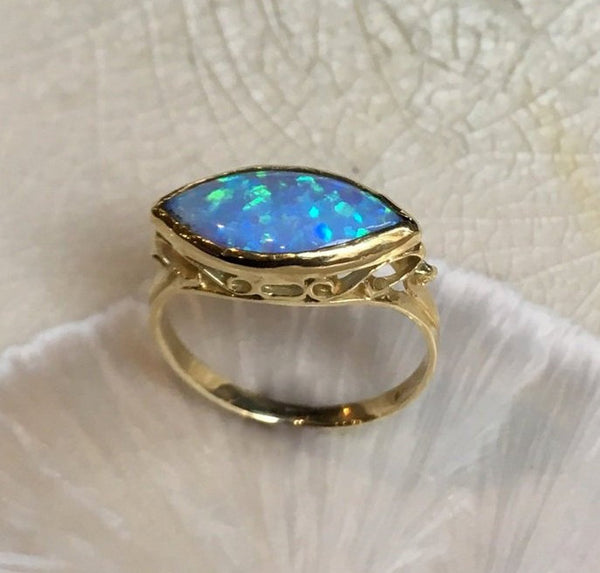 Opal Ring, Golden brass Ring, blue stone ring, victorian ring, antique style ring, ornate ring, dainty filigree ring - My obsession RK1215