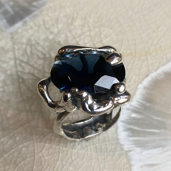 Navy Blue quartz ring, gemstone ring, statement ring, cocktail ring, large stone ring, hipster sterling silver ring - Like a dream R1629-3