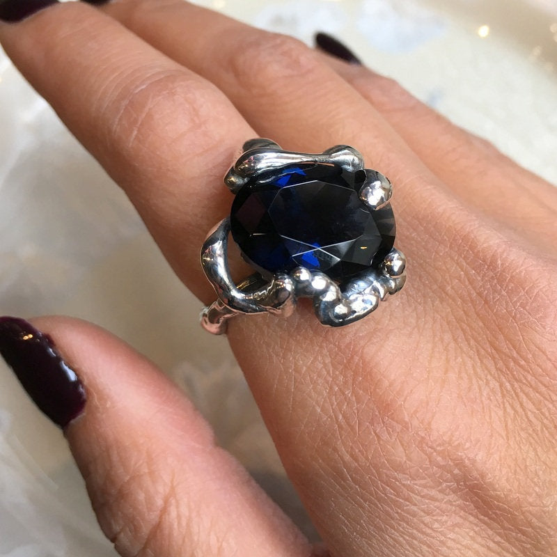 Navy Blue quartz ring, gemstone ring, statement ring, cocktail ring, large stone ring, hipster sterling silver ring - Like a dream R1629-3