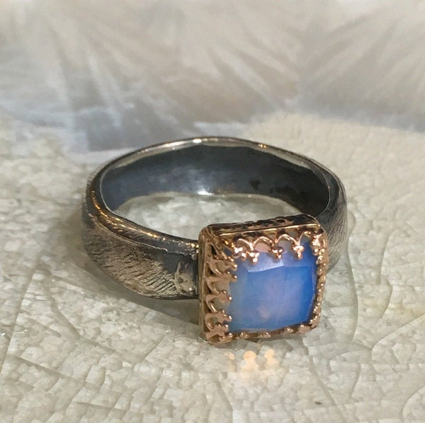 Crown Ring, silver gold ring, square opalite ring, statement ring, gemstone ring, filigree ring, Victorian ring - White winter R2600