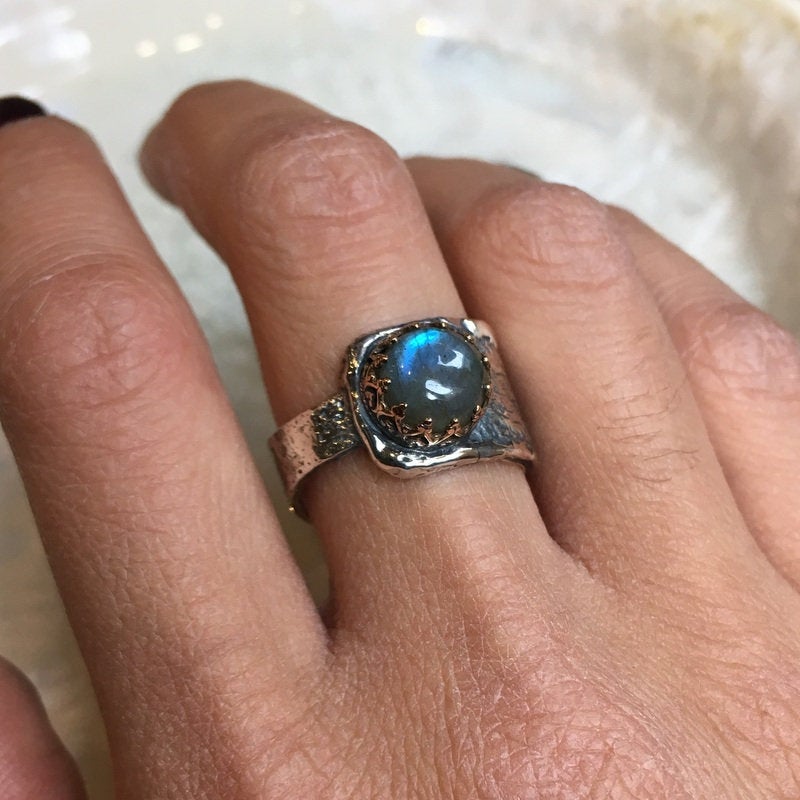 Labradorite ring, Crown Ring, silver gold ring, statement ring, gemstone ring,  organic filigree ring, cocktail ring - I choose you R2601