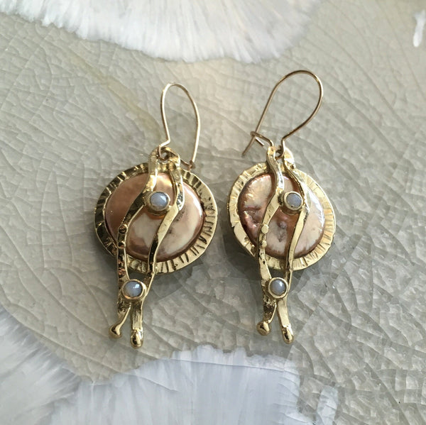 Beige coin pearl earrings, bridesmaids earrings, Silver earrings, white opal earrings, boho earrings, simple earrings - Tranquility E7850