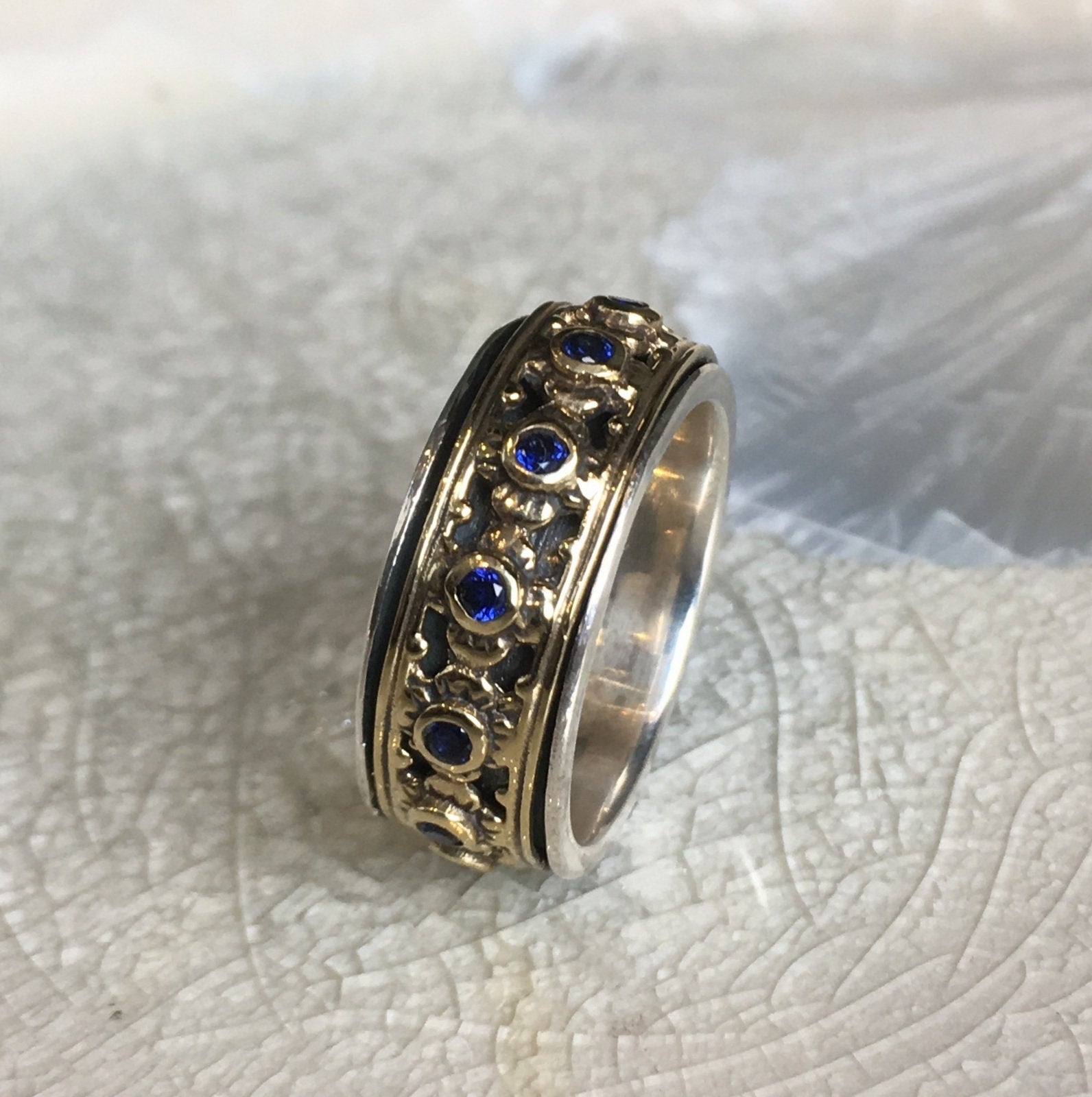 Spinner ring, Sapphires Ring, birthstones ring, meditation ring, two-tone wedding band, sterling silver gold band - New beginnings. R1149X