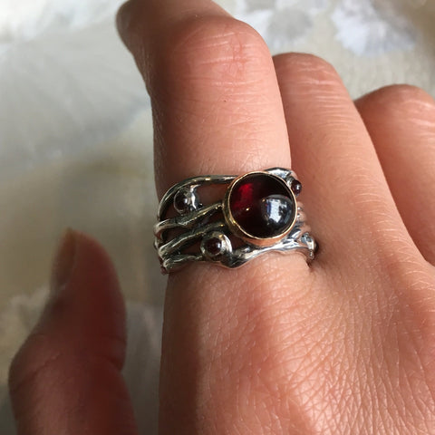 Sterling silver band, Garnets ring, engagement ring, organic band, wide silver band, two tones ring, multi stones ring - Diamond sky R2151