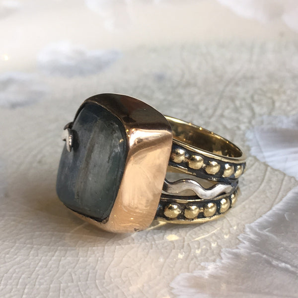 Kynite ring, Blue gemstone ring, Silver Gold ring, oxidised ring, raw kynite ring, statement ring, one of a kind ring - Quite Wind R2606