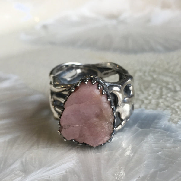 Raw tourmaline ring, Sterling silver crown ring, Pink Tourmaline ring, engagement ring, organic band, wide silver band - Pink moon R2607