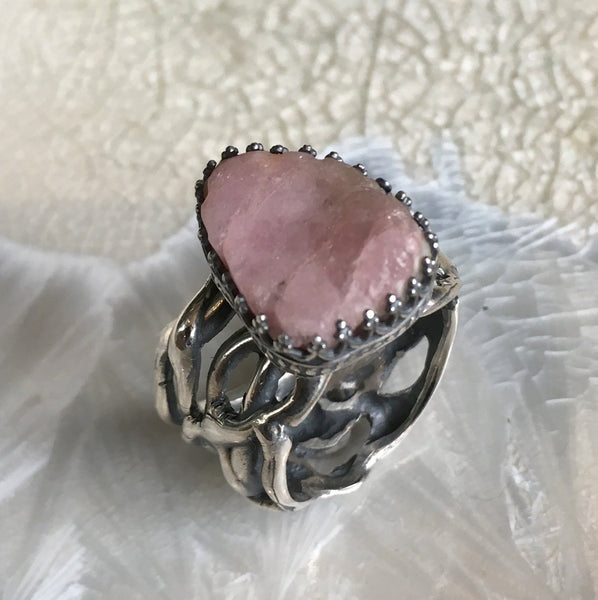 Raw tourmaline ring, Sterling silver crown ring, Pink Tourmaline ring, engagement ring, organic band, wide silver band - Pink moon R2607