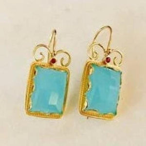 Solid gold blue quartz tourmaline rectangle earrings - Once upon a time EG8837