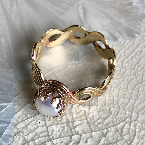 Pearl ring, Golden Brass ring, June birthstone ring, Crown ring, statement ring, goldfilled ring, braided engagement ring - Pure Love R2610