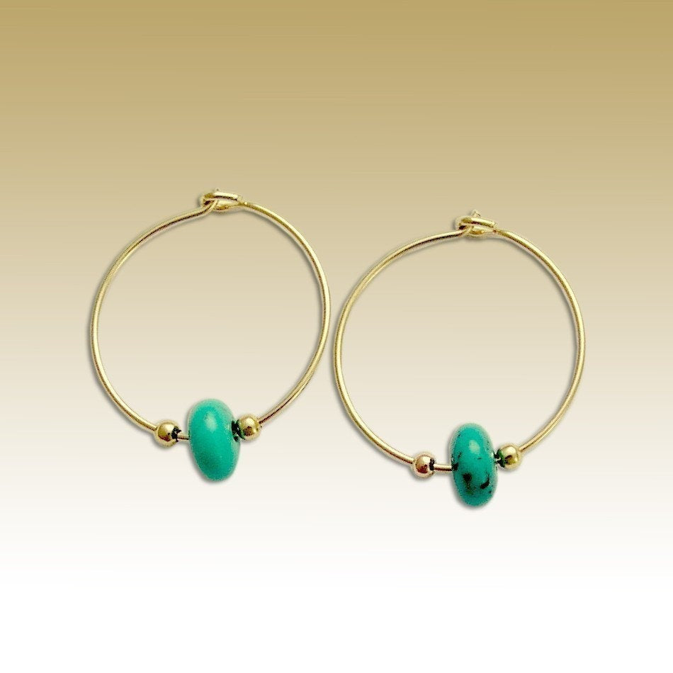 Gold turquoise Earrings, Hoop Earrings, dainty Gold Hoops, minimal Earrings, beaded earrings, basic hoops, casual hoops - Whisper E90000