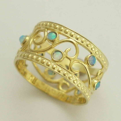 Blue opal gemstones 14K yellow gold band - Shades of spring RG1267