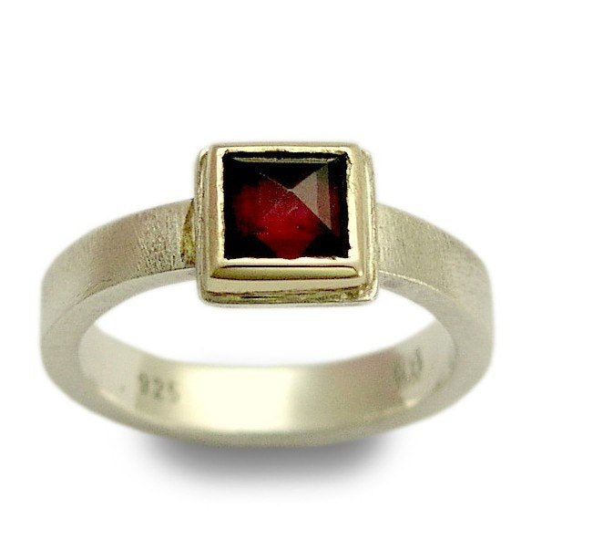 Garnet ring, square stone ring, silver gold ring, sterling silver ring, mixed metals ring, red stone ring, engaement ring -  Red wine R1095A