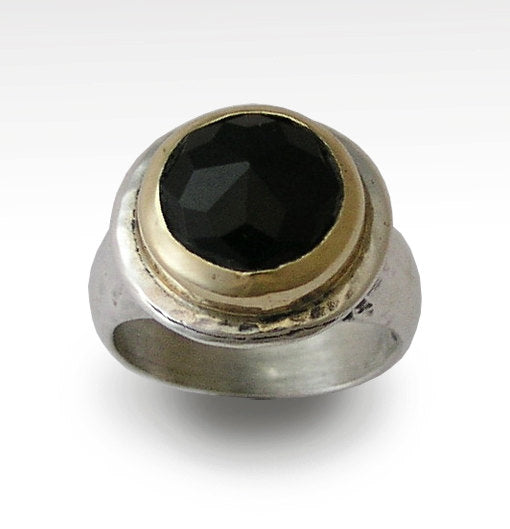 Cocktail Ring, Silver Gold Ring, Rose Cut Onyx Ring, Hammered Ring, Onyx Gemstone Ring, Black Stone Ring, Statement Ring - Dark R1414C