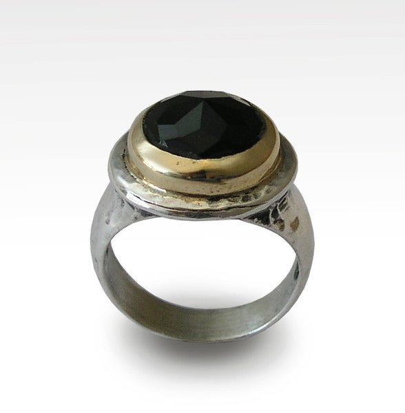 Cocktail Ring, Silver Gold Ring, Rose Cut Onyx Ring, Hammered Ring, Onyx Gemstone Ring, Black Stone Ring, Statement Ring - Dark R1414C