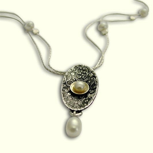 Sterling silver necklace, silver gold necklace, fresh water pearl necklace,  pearl pendant, gypsy filigree pendant - Confession N4531G