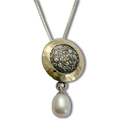 Sterling silver necklace, silver gold necklace, fresh water pearl necklace,  pearl pendant, gypsy filigree pendant - Confession N4531G